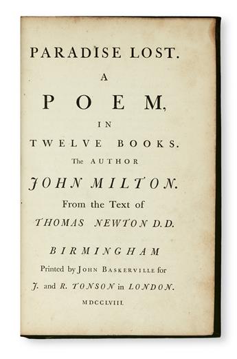 BASKERVILLE PRESS.  Milton, John. Paradise Lost.  1758 + Paradise Regaind.  1758